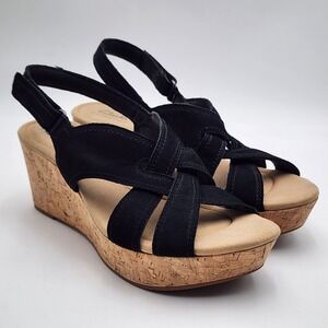 Clarks Rose Wedge Sandal Women's Size 10 ‎ Black Nubuck NWOB READ